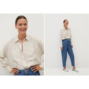 Mango Women's Viscose Pocket Button Up Shirt In Natural Beige Size 8 US (L EU)